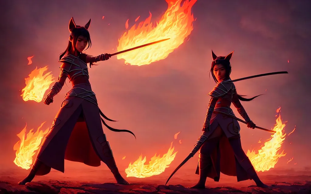 Prompt: weta disney pixar epic movie shot of madison beer : : as samurai warrior catgirl by pixar : : flames : : by weta, greg rutkowski, wlop, ilya kuvshinov, rossdraws, artgerm, marvel, unreal engine, pearlescent, bright morning, anime