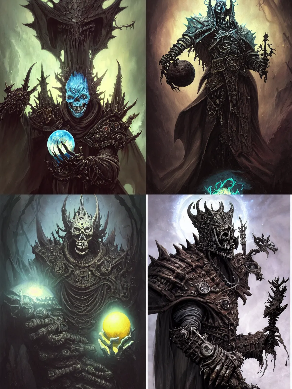 Prompt: A mixed media painting of an undead lich king holding a ball of evil magic, very aesthetic, detailed face, skeleton, by Frank Frazetta, Greg Rutkowski, Boris Vallejo, Beeple, Christian MacNevin, Lucas Graciano, digital art, steve argyle, peter Mohrbacher, Davi Blight, epic fantasy character art, high fantasy, CGsociety, exquisite detail, post-processing, low angle, masterpiece, cinematic