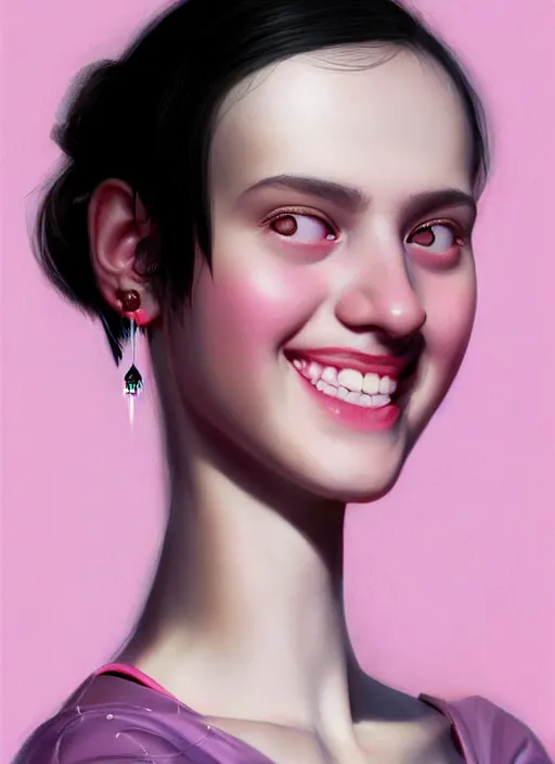 Image similar to portrait of teenage girl, realistic, black hair, bangs, half updo hairstyle, pointy nose, skinny, smile, ugly, defined jawline, big chin, pink hair bow, earrings, intricate, elegant, glowing lights, highly detailed, digital painting, artstation, sharp focus, illustration, art by wlop, mars ravelo and greg rutkowski