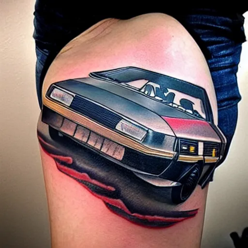 Image similar to a tattoo of delorean from back to the future,