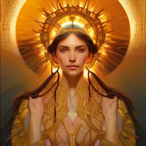 Image similar to portrait of the goddess of the sun, D&D, fantasy, intricate, elegant, highly detailed, digital painting, artstation, smooth, sharp focus, illustration, art by artgerm and greg rutkowski and alphonse mucha