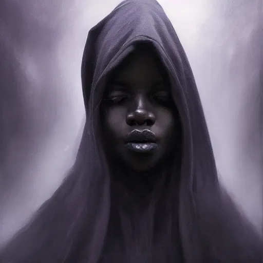 Image similar to a portrait of a young black woman wearing a long dark cloak, hood and shadows covering face, anatomically correct, beautiful perfect face, enigmatic, oil painting, matte painting, black background, Volumetric dynamic lighting, Highly Detailed, Cinematic Lighting, Unreal Engine, 8k, HD, by Beksinski