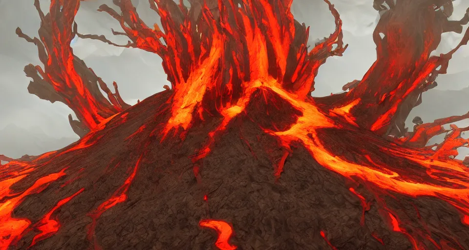 Prompt: a volcano made of ivory vines and crimson rocks enters in eruption, it spits a smoke in the shape of demonic eye, by Artstation