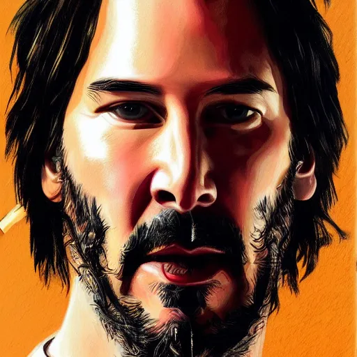Prompt: a detailed portrait of keanu reeves smoking a cigar art illustration, incredibly highly detailed and realistic, 8 k, sharp focus