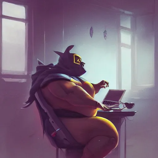 Image similar to a insanely detailed painting of a fat masked superhero wearing a costume sitting at a desk, staring at the nervously at the computer typing, in the style of peter mohrbacher, dramatic lighting and composition, trending on artstation, concept art, comic book