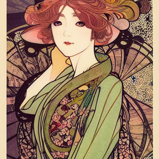 Image similar to beautiful drawaing in style of Mucha, Yasunari Ikenaga, Yamato, Macross, made by burning lava