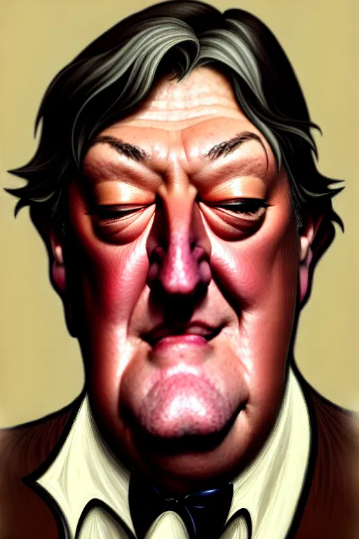 Image similar to stephen fry winking his left eye at the camera, in the style of art by artgerm and greg rutkowski and alphonse mucha