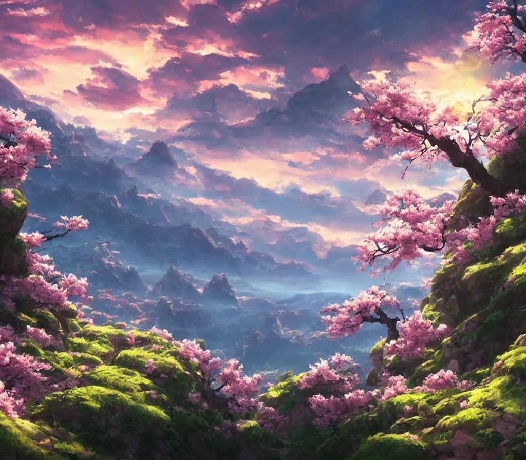 Image similar to sakura blossom in the mountains, stunning, extraordinary, made in abyss style, epic sunset, detailed, dynamic scene