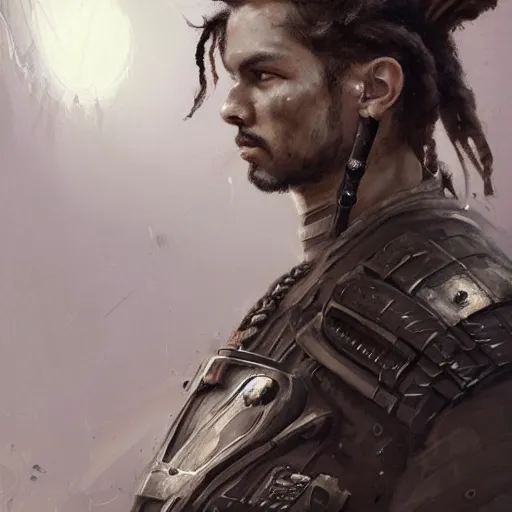 Image similar to Portrait of a man by Greg Rutkowski, a young, strong and hard-eyed futuristic warrior with brown hair with dreadlocks, wearing a futuristic space tactical gear that looks like a mix between the samurai, viking and templar aesthetics, mix between tribal and hi-tech, highly detailed portrait, scifi, space opera, digital painting, artstation, concept art, smooth, sharp foccus ilustration, Artstation HQ