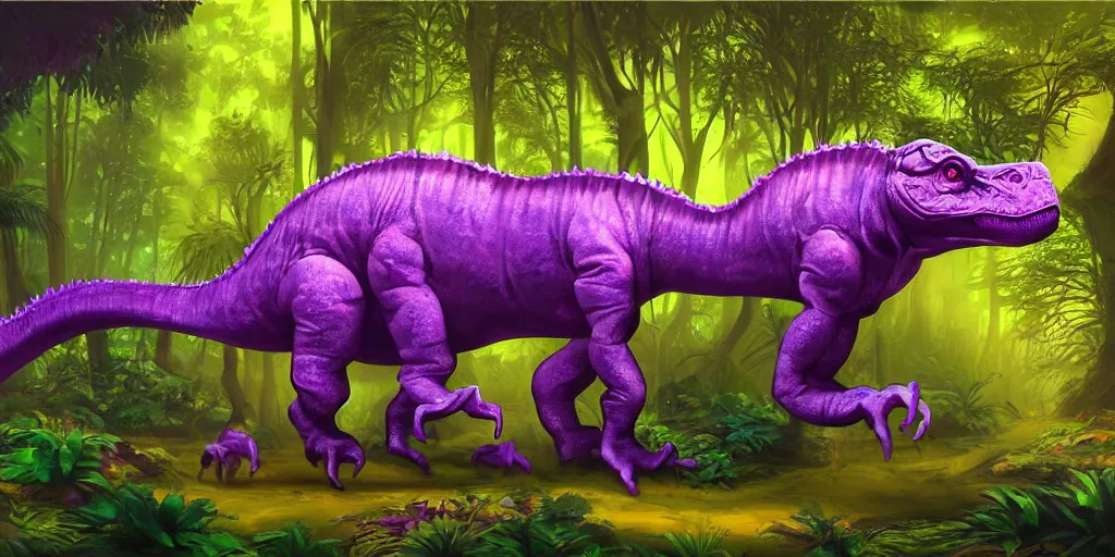 Image similar to spectral purple neon dinosaur, green jungle background, detailed, fantasy, oil painting, ultrawide landscape, concept art