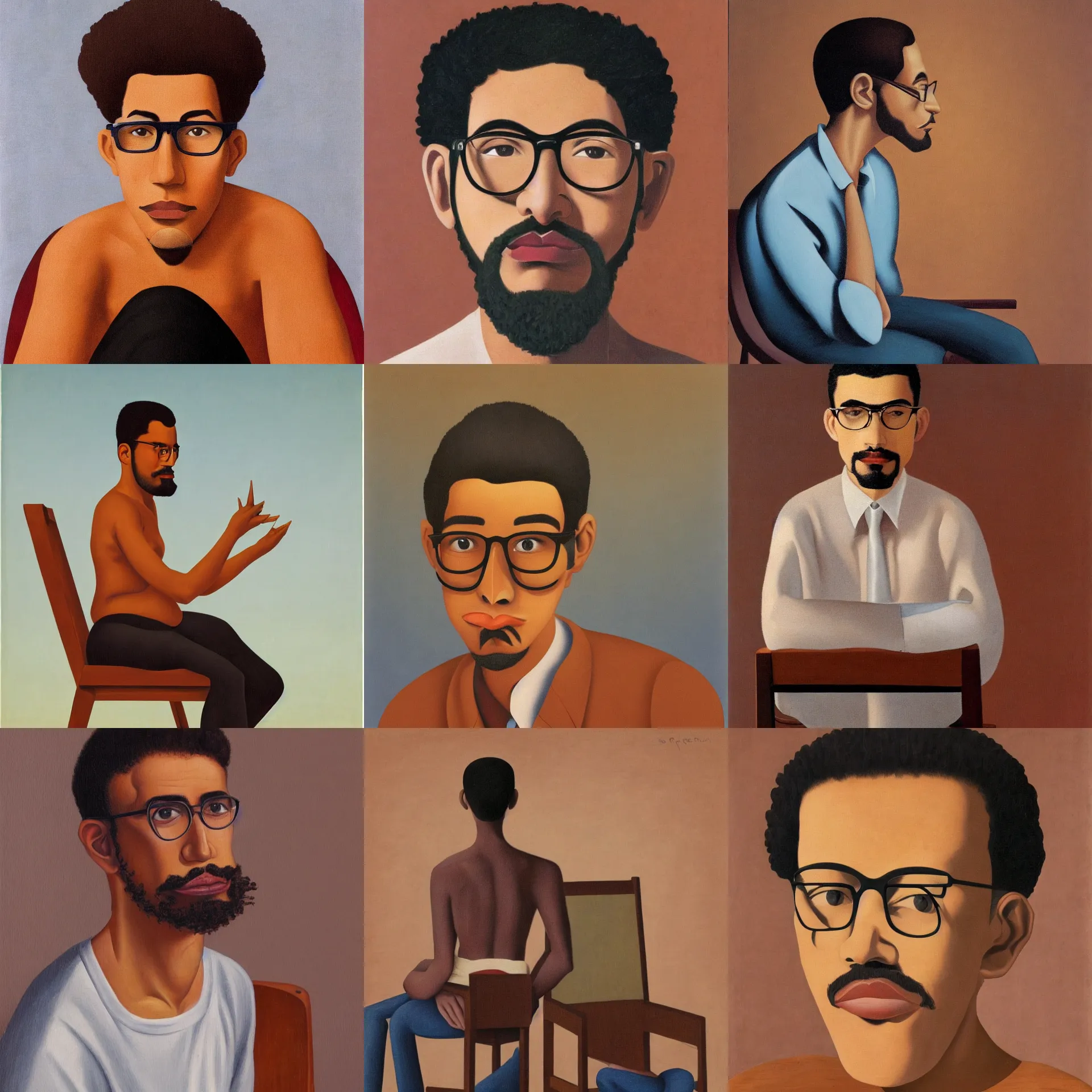 Prompt: 3 / 4 view portrait of a latino skinny young man, brown skin, wavy short hair, goatee, wearing glasses, straight nose, seated on wooden chair, close up, light brown background, painted by rene magritte