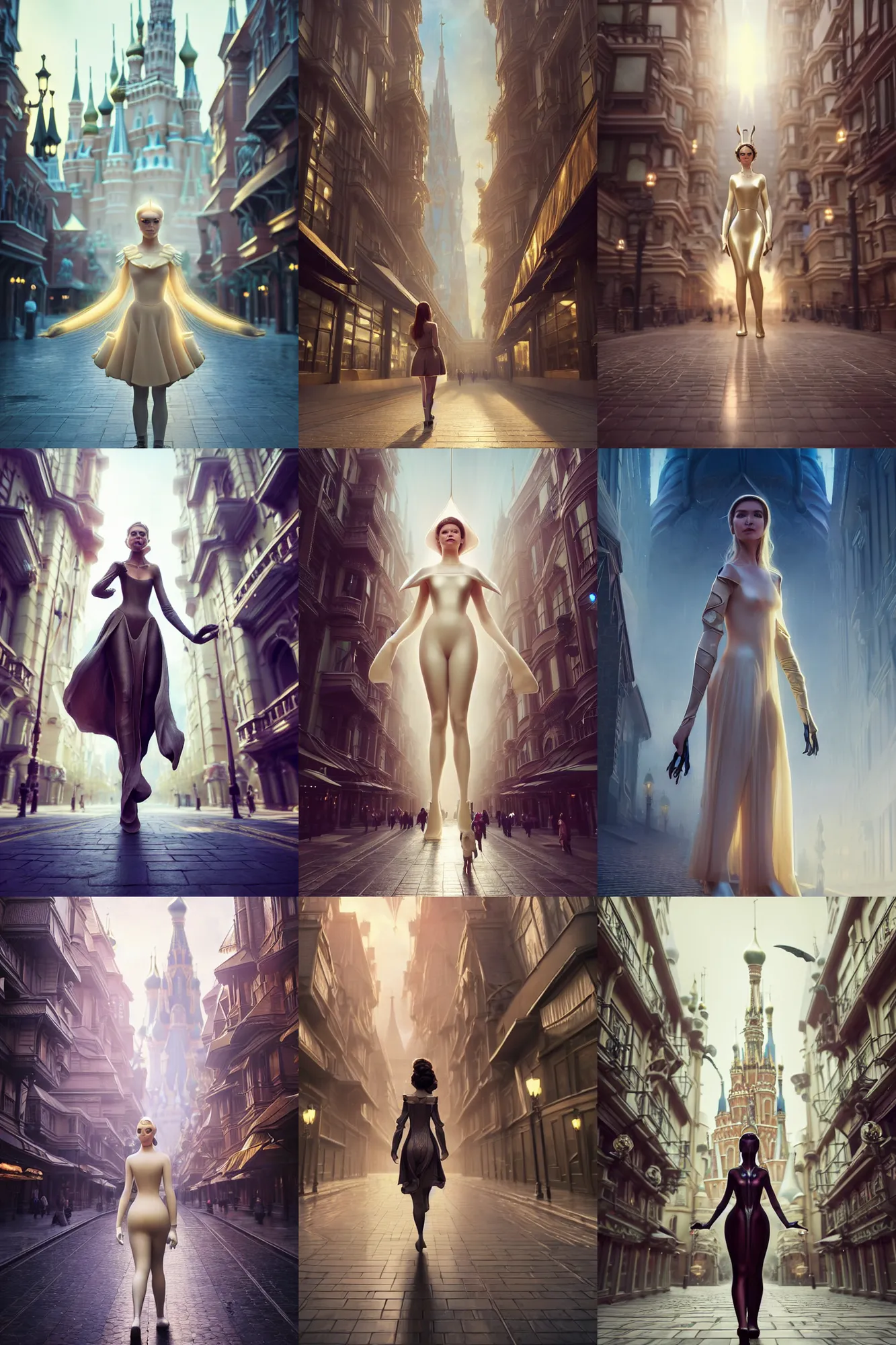 Prompt: weta disney movie still portrait photo | russian edm college woman walking downtown | soft creamy polished decadent alluring futuristic metgala fashion photoreal grand | hi - fructose, sci fi, fantasy, divine proportion, film, 8 k, highly detailed, artstation, realism | beeple, artgerm, mucha, wlop, loish |