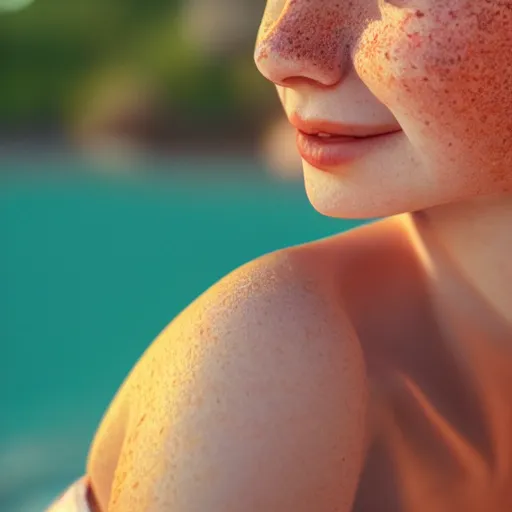 Image similar to portrait of a cute thin young woman, red blush, cute freckles, smug smile, modern clothes, relaxing on the beach, golden hour, close up shot, soft focus, 8 k, art by irakli nadar, hyperrealism, hyperdetailed, ultra realistic