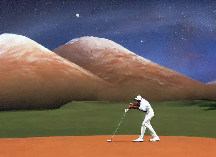 Prompt: portrait of tiger woods playing golf on the planet mars with olympus mons in the background