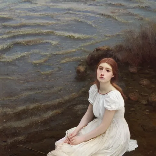 Prompt: a painting of a girl in a white dress, laying in a river, looking down, ophelia, an oil painting by jeremy lipking, behance contest winner, figurative art, detailed painting, oil on canvas, pre - raphaelite