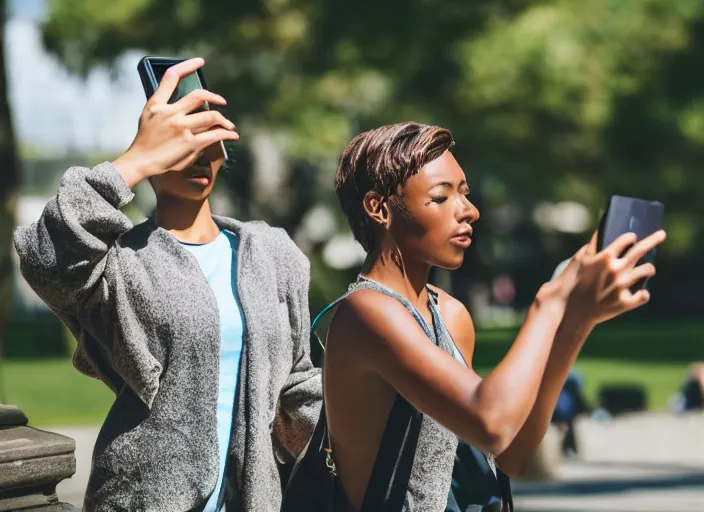 Image similar to photo still of a bronze statue of a woman using an iphone to take a selfie in a park on a bright sunny day, 8 k 8 5 mm f 1 6