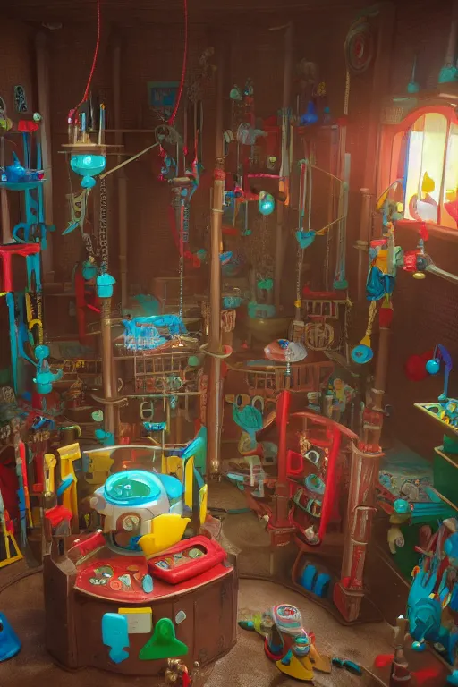 Prompt: render of fisher price dungeon with plastic torture devices, fisher price house plastic walls, cinematography by wes anderson, 4 k octane render, intricate detail, photorealistic, cinematic lighting, artstation