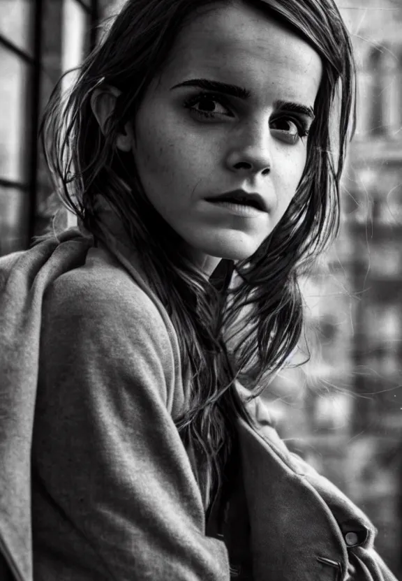 Prompt: emma watson posing in dunwall city, beautiful face, detailed face, realistic eyes, cinematic lighting, rainy weather, melancholy atmosphere, volumetric light, gothic architecture, realistic reflections, model agency, instagram photo, depression atmosphere, shot on sony a 7, beauty filter, postprocessing