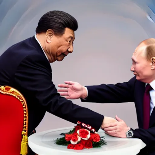 Image similar to Xi Jinping and Putin Kissing Each Other, promo shoot, studio lighting