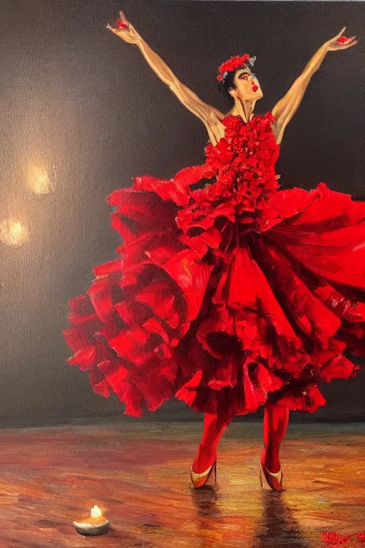 Image similar to oil painting of spanish flamenco dancer in mallorca wearing a red dress made of flowers, dimly lit by candles on the ground, photo realistic, extreme detail skin, no filter, slr, 4 k, high definition