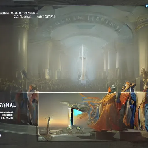 Image similar to sci-fi crate structure panel on the coronation of napoleon painting and digital hologram in the middle, unreal engine 5, keyshot, octane, artstation trending, ultra high detail, ultra realistic, cinematic, 8k, 16k, in style of zaha hadid, colors in style of nanospace Michael Menzelincev, colors in style of the Blade Runner 2049, in plastic, dark, tilt shift,