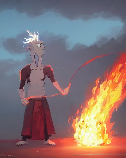 Prompt: longnose squidward wearing fire nation clothing and practicing firebending outside at susnset, [ greg rutkowski ]