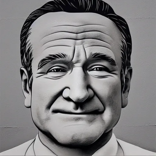 Prompt: robin williams street art mural by kaws : 1 high contrast, hard edges, matte painting, geometric shapes, masterpiece : 1