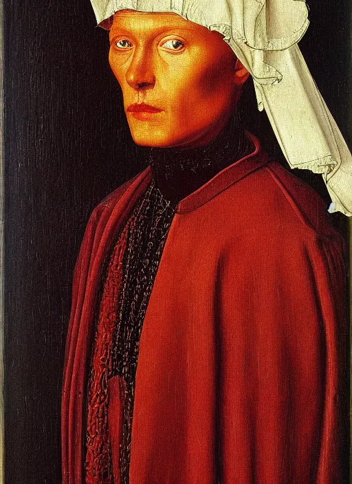 Image similar to a portrait of a cyborg by Jan van Eyck