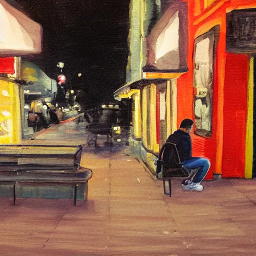 Prompt: guy sitting at late night, city