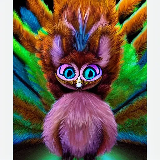 Prompt: fox furby character, long fluffy fur, skull face mask, mage clothes based on a peacock, 9 peacock tails, painting by genndy tartakovsky, stylized, vhs, 8 0 s, dnd beyond, chromatic aberration, fae,