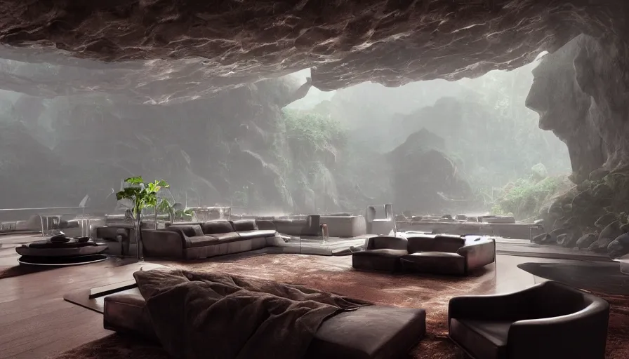 Prompt: a futuristic apartment interior in the style of a red granite cave, single black leather couch, plants, waterfall, high ceiling, dark moody lighting, foggy atmosphere, 16mm lens, by craig mullins, octane rendering