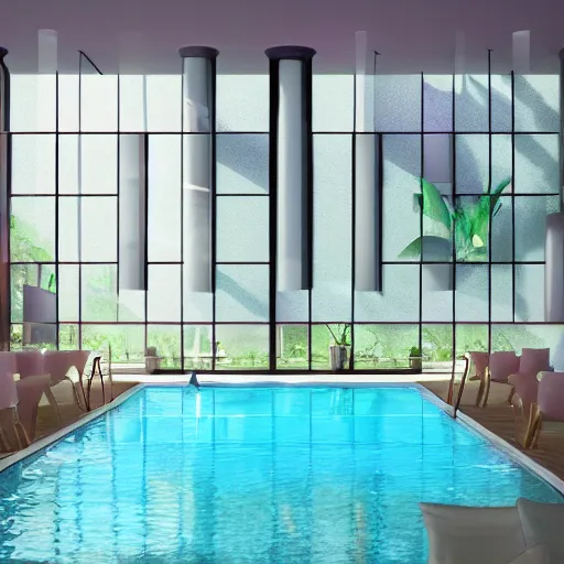 Prompt: A sunlit indoor lounge area with a pool with clear water and another pool with translucent pastel pink water, next to a big window, digital art, trending on Artstation