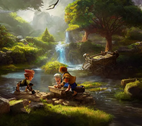 Prompt: fantasy illustration of halfling dice gambling with a white haired dwarf next to a shallow creek and cart, oil painting, wlop, highly detailed, colorful, unreal engine, octane render, dramatic lighting, cinematic composition,