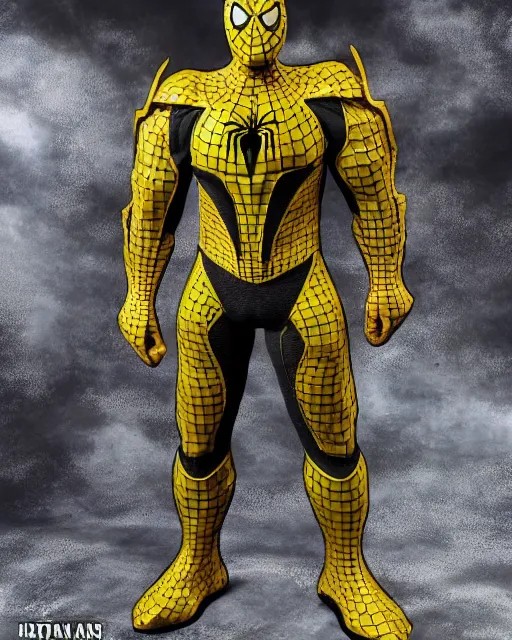 Image similar to super detailed photo realistic brute armor designed at horizon labs to help protect peter after the loss of his spider - sense, black and yellow spiderman suit