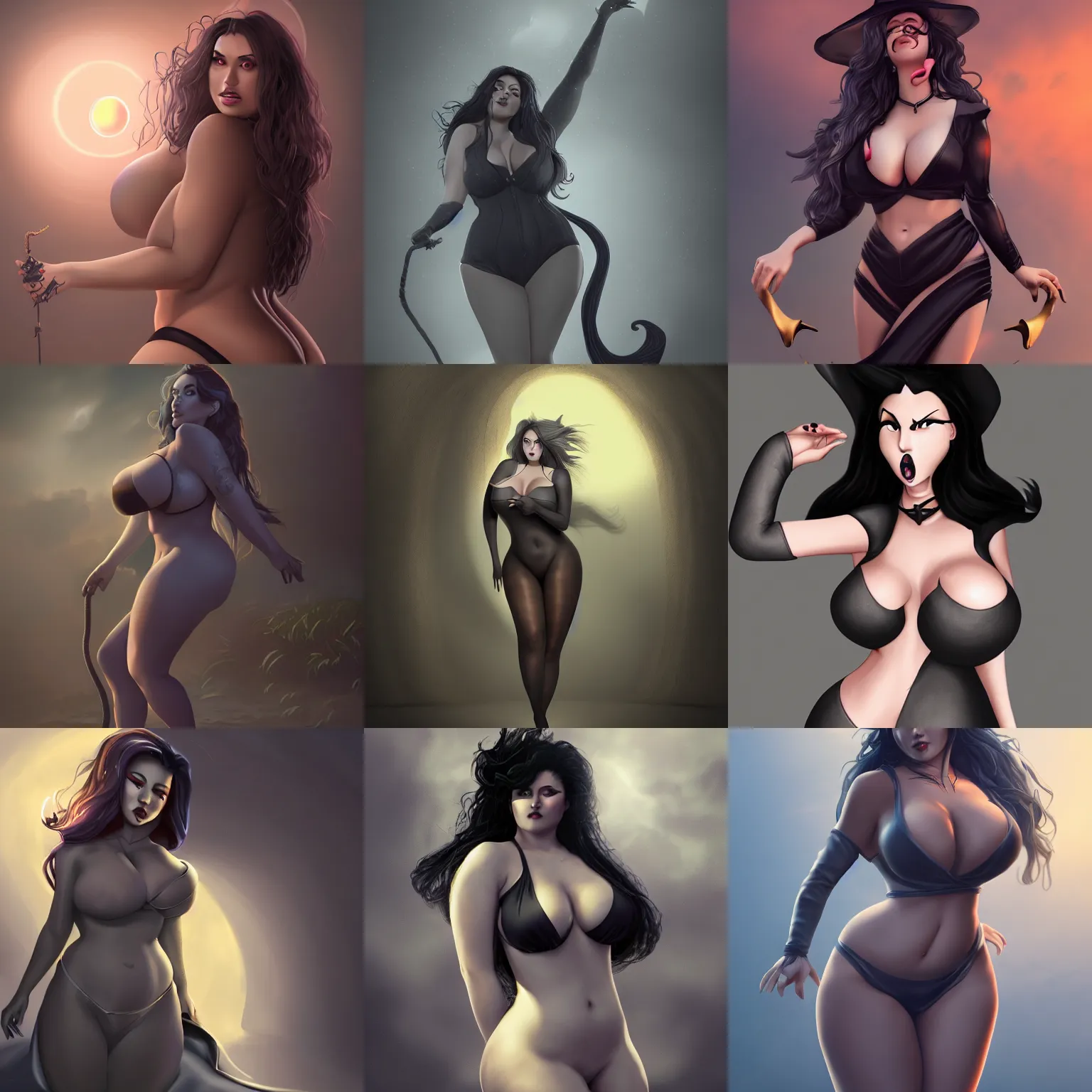 Prompt: a moody realistic full body image of a voluptuous curvy witch with an awesome body and long shimmering gray hair and asian eyes at sunset by Nick Silva, cleavage, trending on artstation, 8k