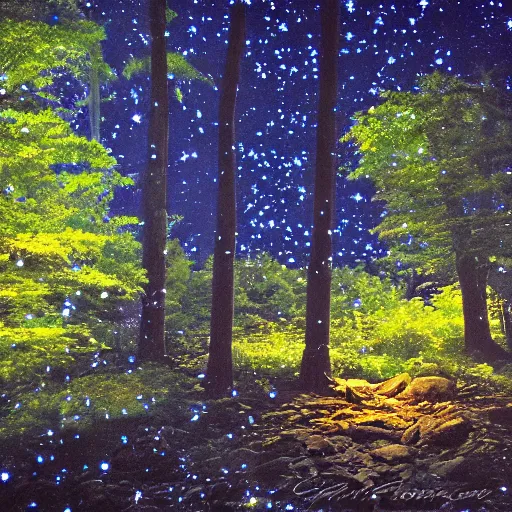 Prompt: shady forest at midnight, moonglow, moon rays, rocks, small creek, fireflies.