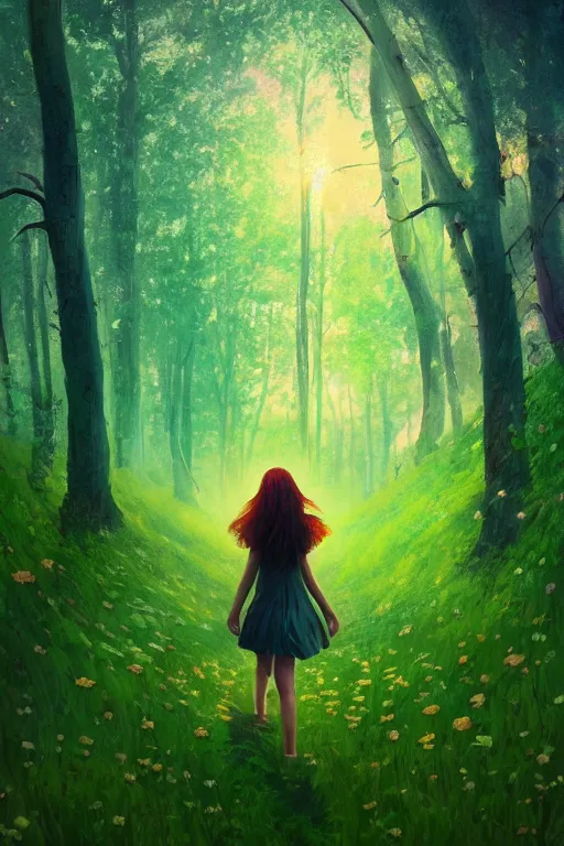 Image similar to giant daisy flower head, girl walking in a green forest, surreal photography, sunrise, dramatic light, impressionist painting, colorful clouds, digital painting, artstation, simon stalenhag