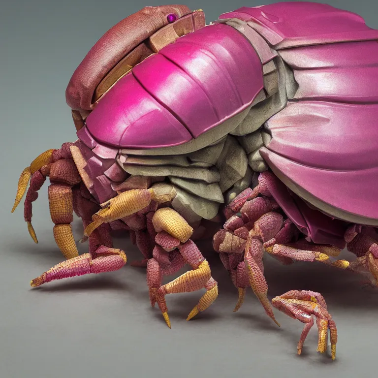 Image similar to hyperrealistic sculpture of a knobbed whelk hermit crab dusted with magenta and hunter green spraypaint in a grid cage on a pedestal by ron mueck and duane hanson and lee bontecou, hyperrealistic dramatic colored lighting trending on artstation 8 k