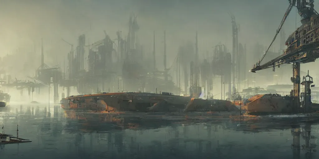 Prompt: old gigantic futuristic rusty boat, harbour of cyberpunk city, mist, cranes, spaceship cargo in dry dock, morning, some seagulls, greg rutkowski, artstation