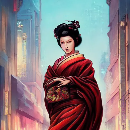 Image similar to portrait of geisha, atmospheric lighting, painted, intricate, volumetric lighting, beautiful, rich deep colours masterpiece, sharp focus, ultra detailed, in the style of Dan Mumford and marc simonetti, futuristic temple in the background,