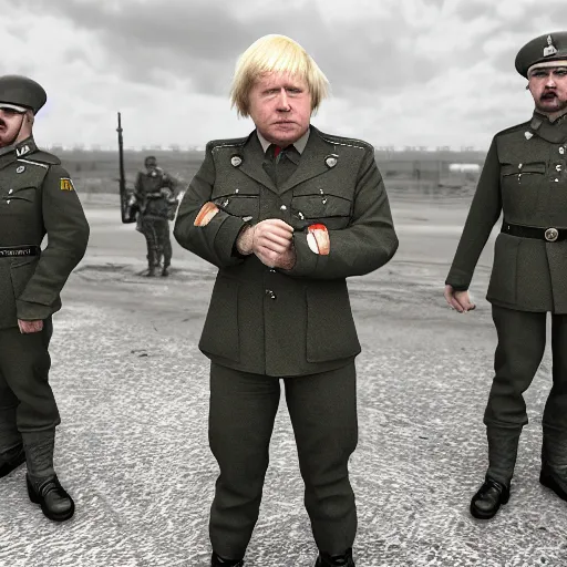 Image similar to Boris Johnson with Waffen SS officers body, realistic artstyle, wide shot, dramatic lighting, octane render, hyperrealistic, high quality, highly detailed, HD, beautiful, cinematic, 8k, unreal engine, facial accuracy, symmetrical