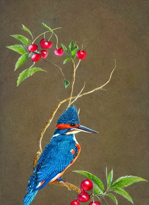 Image similar to a kingfisher sitting on a cherry playing the flute