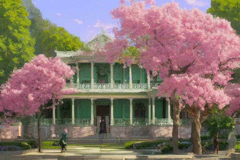 Image similar to green weed grow house, rococo style, greek architecture, pink marble building, sakura trees, sakura season dynamic lighting, landscape, artwork by jeremy lipkin and giuseppe dangelico pino and michael garmash and rob rey and greg manchess and huang guangjian and makoto shinkai, pixiv, 1 0 0 mm