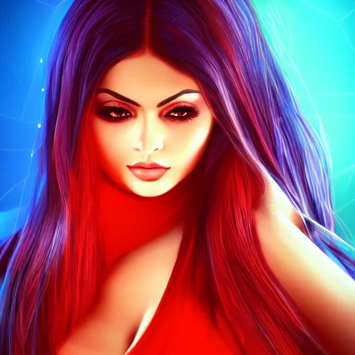 Prompt: portait of haifa wehbe, sadness look, long hair blue centred, hd, digital painting, unreal engine, final fantasy style, amazing red orange background theme