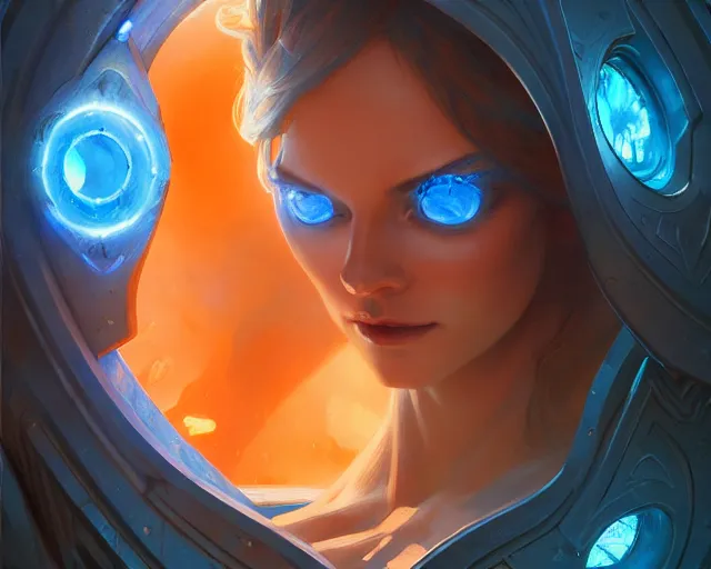 Image similar to blue and orange portal, deep focus, d & d, fantasy, intricate, elegant, highly detailed, digital painting, artstation, concept art, matte, sharp focus, illustration, hearthstone, art by artgerm and greg rutkowski and alphonse mucha