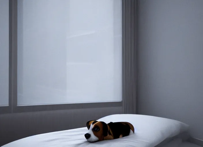 Image similar to photography of a Jack Russel watching outside the window on a bed in a 3d rendered white room, octane render, 3d, foggy, volumetric light, volumetric fog, photorealistic, unreal engine 5