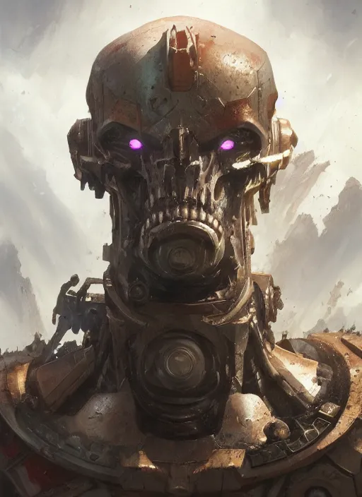 Image similar to hyper realistic portrait of battle warhammer android head, cinematic, chaos marine, artstation, cgsociety, full head, greg rutkowski, james gurney, mignola, craig mullins, brom