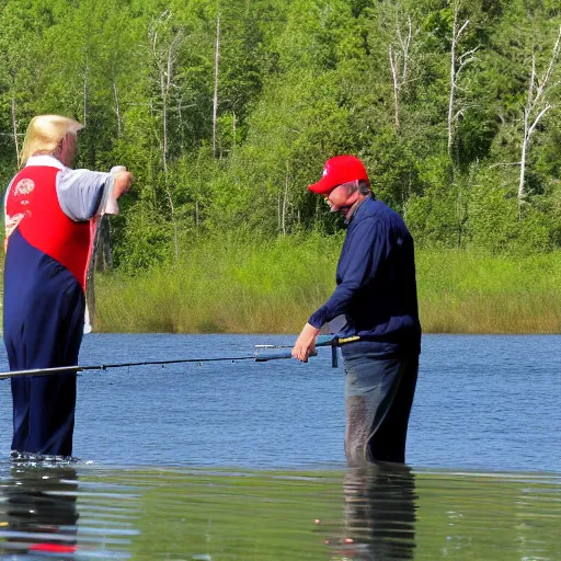 Prompt: donald trump fishing with putin beautiful lake