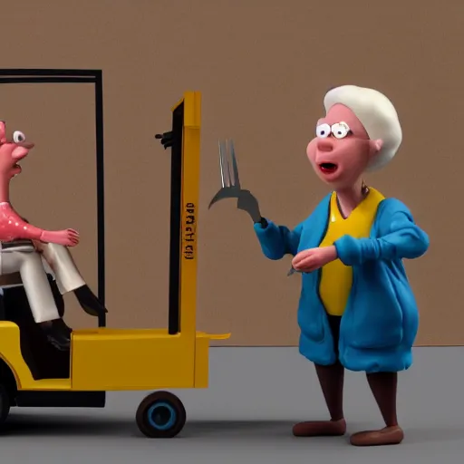 Image similar to grannies operating a fork lift, 8k, claymation, in the style of wallace and gromit, hd, artstation