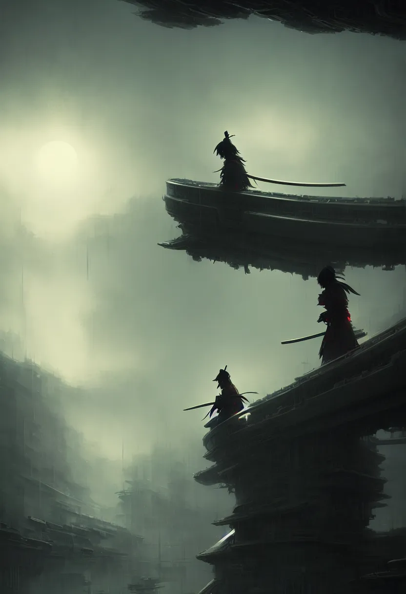 Image similar to samurai on a spaceship eating cup noodles, ultra high definition, ultra detailed, symmetry, fog, matte painting, by greg rutkowski and ross tran and wlop